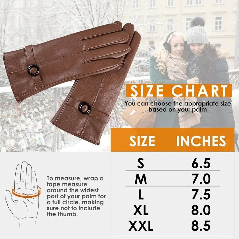 Women's Light Brown Lambskin Leather Gloves Warm Touchscreen Winter Driving Gift